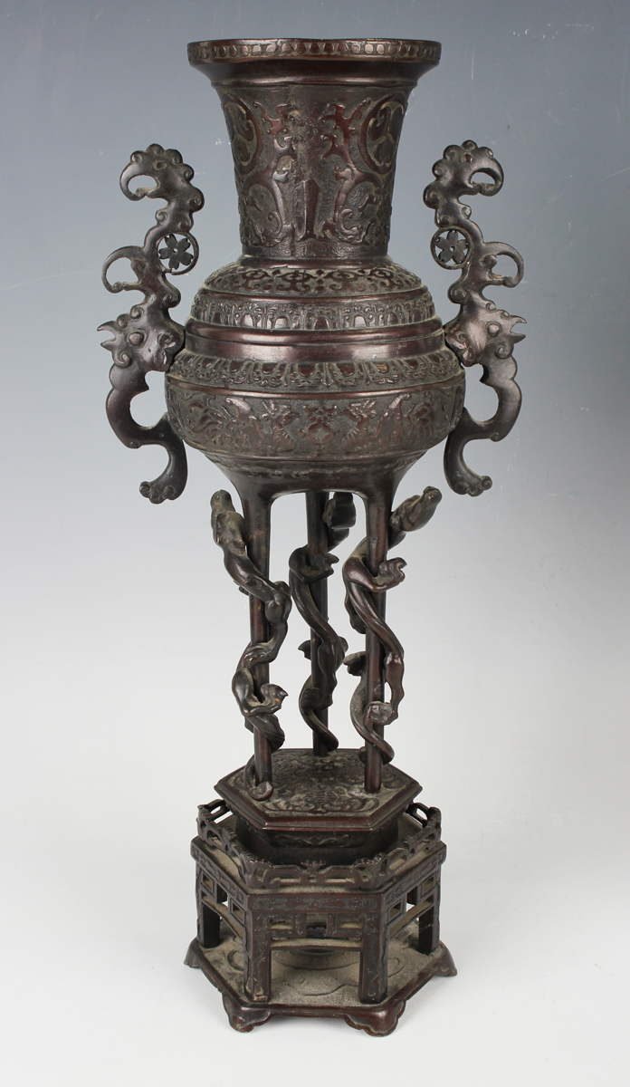 A pair of Japanese brown patinated bronze two-handled vases and integral stands, Meiji period, - Image 17 of 17