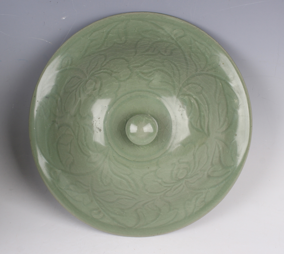 A Chinese carved celadon glazed jar and domed cover, Ming style but modern, carved in low relief - Image 5 of 11