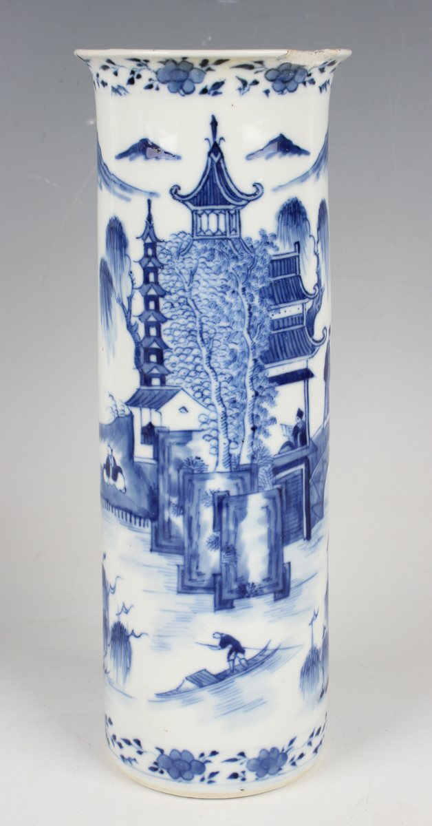 A pair of Chinese blue and white porcelain cylinder vases, mark of Kangxi but late 19th century, - Image 18 of 28