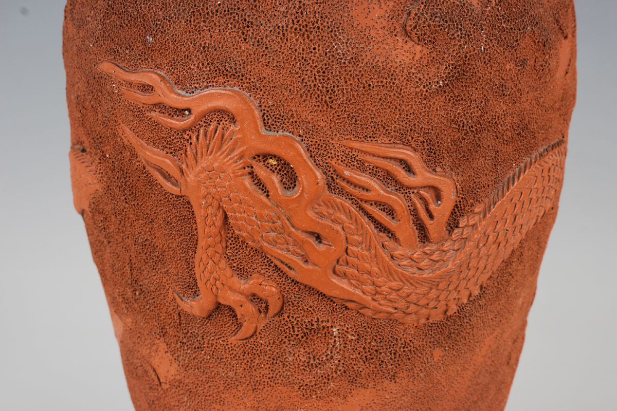 A Japanese red stoneware vase, Meiji period, of shouldered tapering form, modelled in relief with - Image 7 of 11