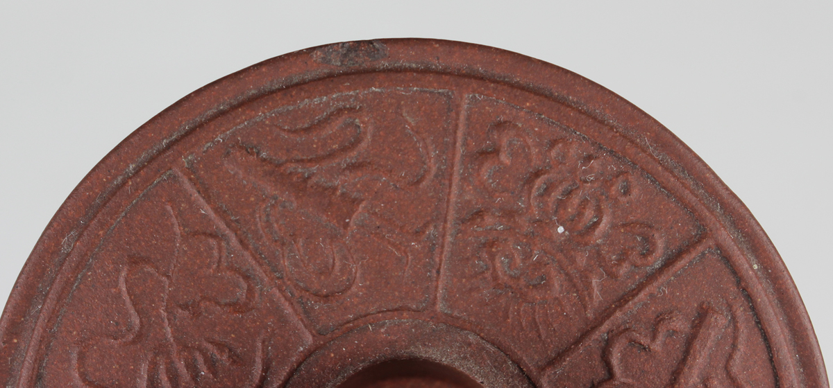 A Chinese Yixing stoneware teapot and cover, late Qing dynasty, the cylindrical body impressed - Image 3 of 12