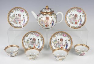 A Chinese famille rose export porcelain teapot and cover and four matching 'eggshell' porcelain