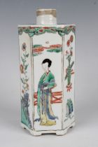 A Chinese famille verte porcelain tea caddy, Kangxi period, of hexagonal form, painted with