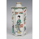 A Chinese famille verte porcelain tea caddy, Kangxi period, of hexagonal form, painted with