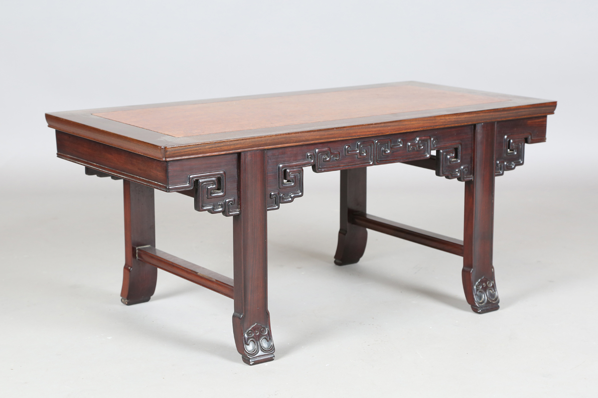 A Chinese hardwood low table, 20th century, the rectangular top inset with a burr wood panel, the