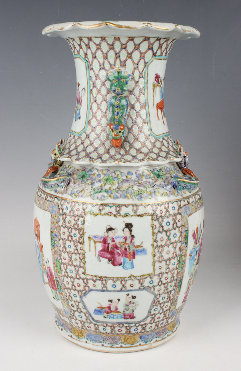 A pair of Chinese Canton famille rose porcelain vases, mid-19th century, each shouldered body and - Image 21 of 24