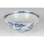 A Chinese blue and white porcelain bowl, mark of Kangxi but late 19th century, painted inside and