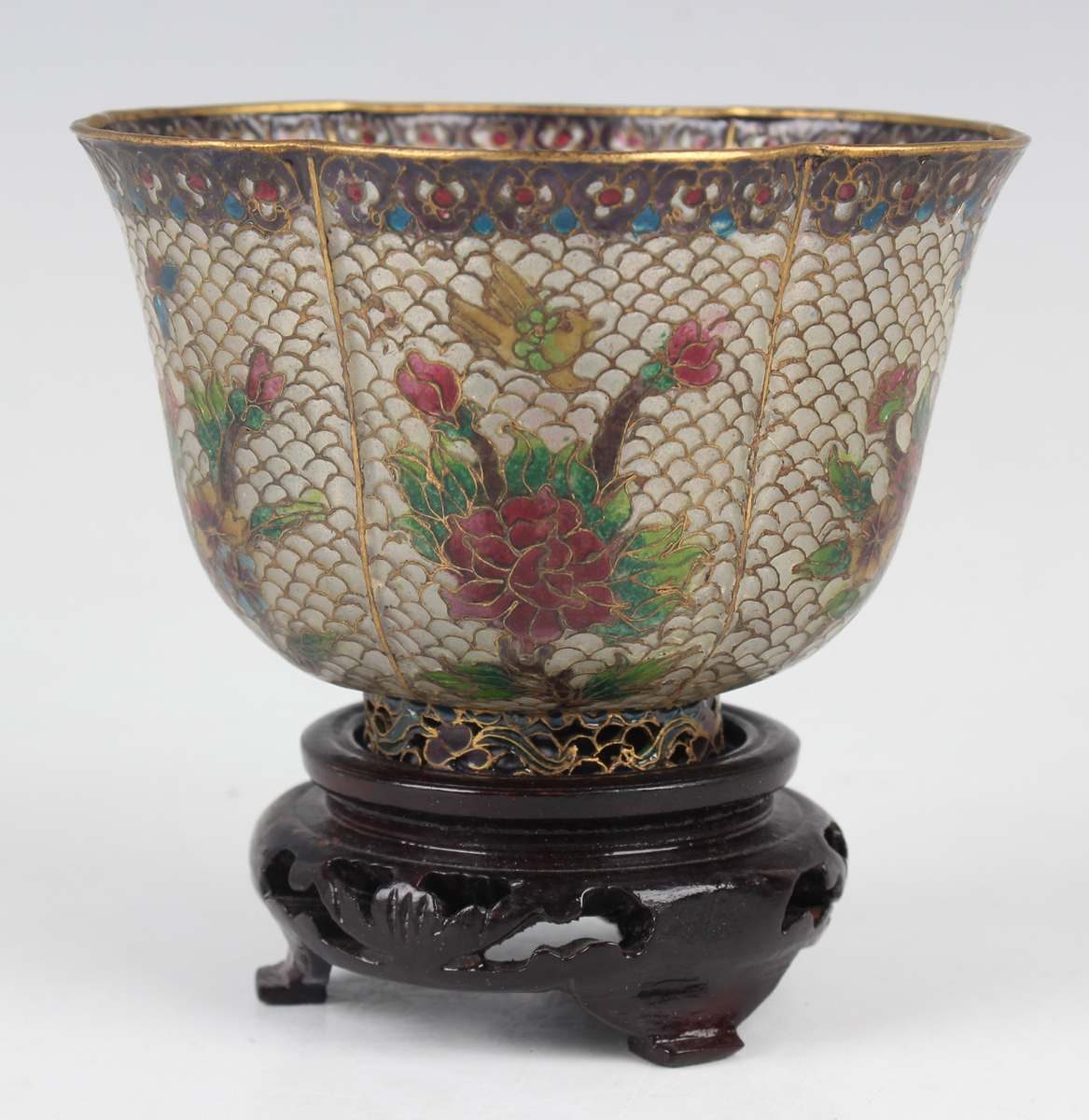 A Chinese plique-à-jour bowl, mid-20th century, of steep-sided lobed form, decorated with flowers, - Image 24 of 29