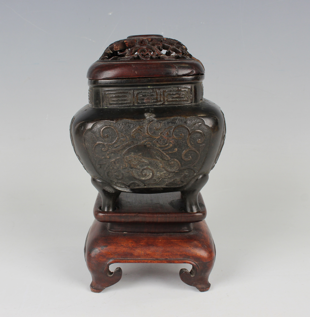 A Chinese brown patinated bronze censer of rounded square form, the body cast with fenghuang panels, - Image 7 of 9