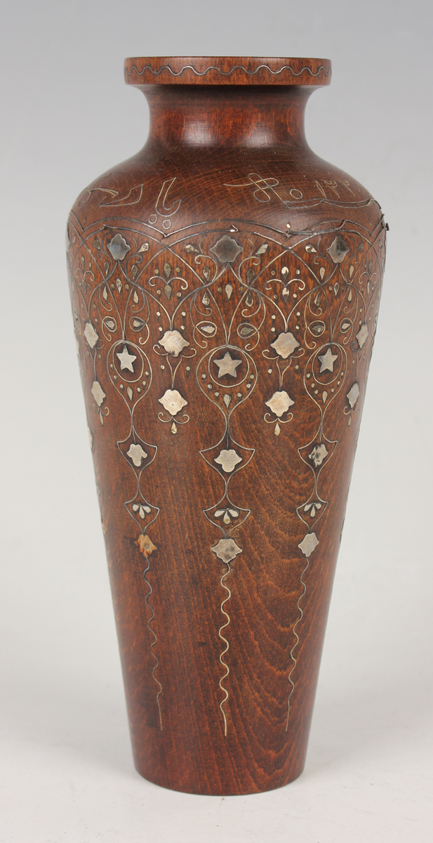 A pair of Islamic inlaid wooden vases, probably Syrian, early 20th century, each shouldered tapering - Image 26 of 28