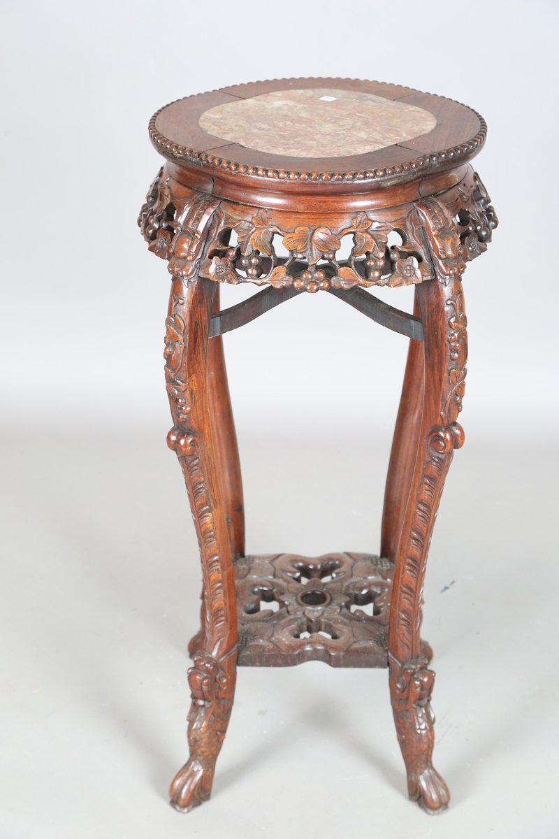 A Chinese hardwood jardinière stand, early 20th century, the quatrelobed top inset with a rouge - Image 13 of 26