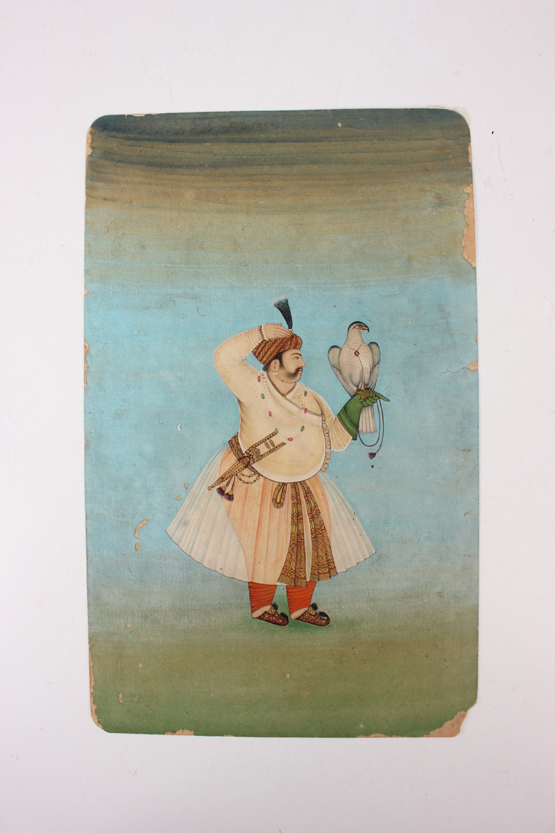 Two Indian Mughal School miniature watercolour paintings, 19th century, each depicting a full-length - Image 7 of 11