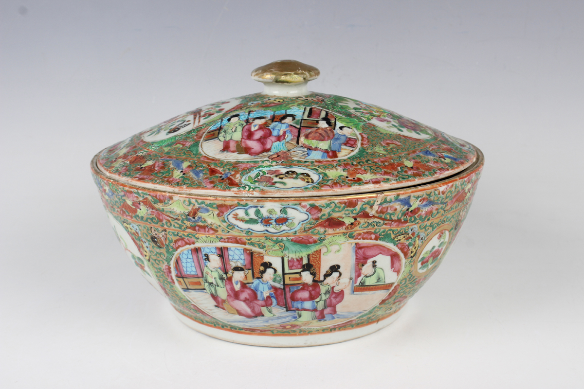 A Chinese Canton famille rose porcelain circular tureen and cover, mid-19th century, typically
