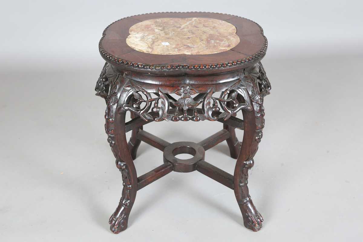 A Chinese hardwood jardinière stand, early 20th century, the lobed top with inset rouge marble panel - Image 9 of 22