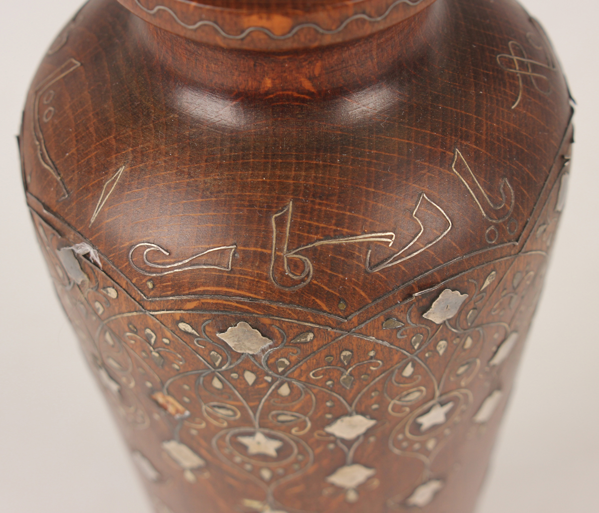 A pair of Islamic inlaid wooden vases, probably Syrian, early 20th century, each shouldered tapering - Image 21 of 28