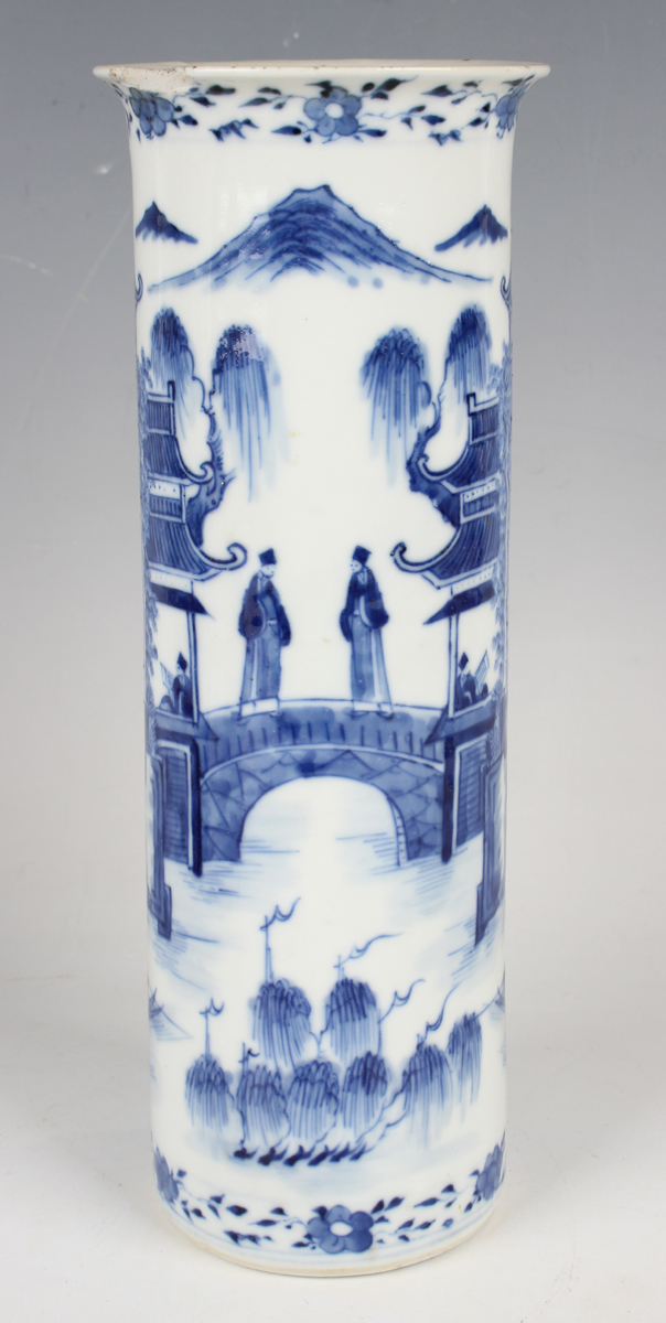 A pair of Chinese blue and white porcelain cylinder vases, mark of Kangxi but late 19th century, - Image 17 of 28