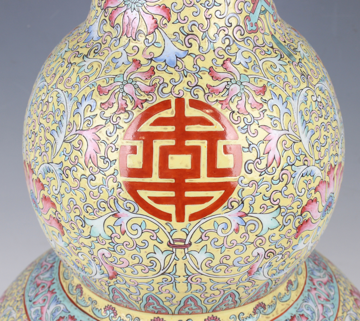 A Chinese famille rose enamelled yellow ground porcelain double gourd shaped vase, mark of - Image 6 of 12