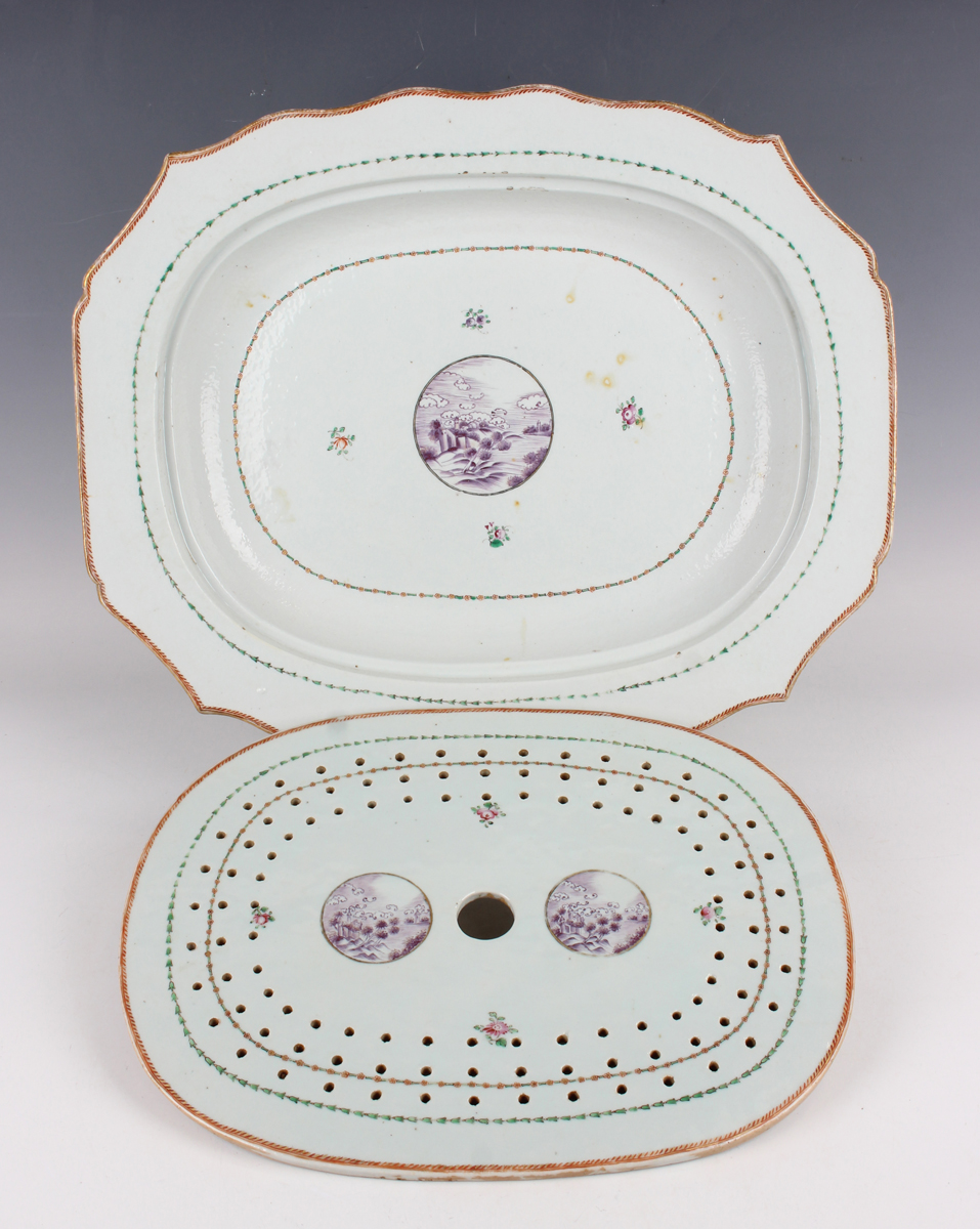 A Chinese export porcelain meat dish and strainer, Qianlong period, the meat dish with shaped rim,