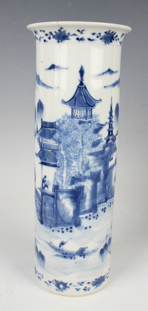 A pair of Chinese blue and white porcelain cylinder vases, mark of Kangxi but late 19th century, - Image 25 of 28
