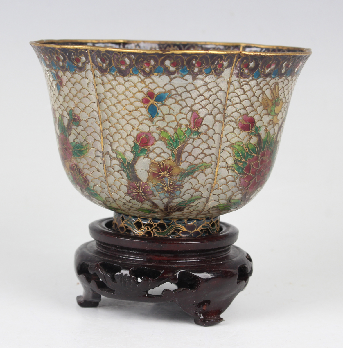 A Chinese plique-à-jour bowl, mid-20th century, of steep-sided lobed form, decorated with flowers, - Image 28 of 29