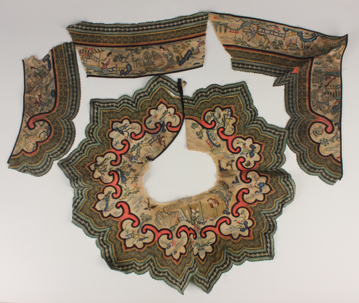 A small collection of Chinese export silkwork, late Qing dynasty, including a collar, decorated with
