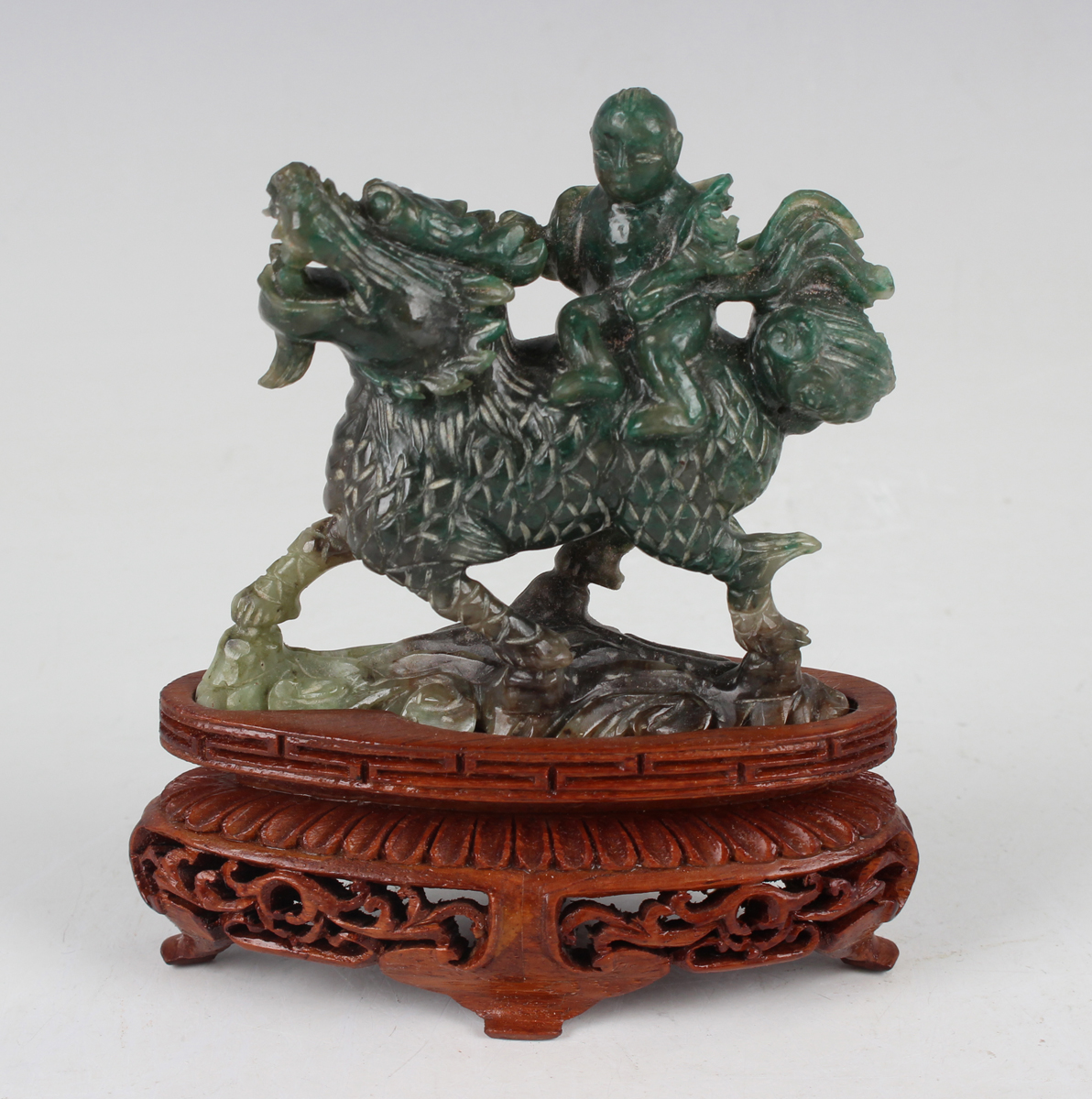 A Chinese jade pendant with wood stand, mid-20th century, the two-piece pendant with carved and - Image 18 of 22