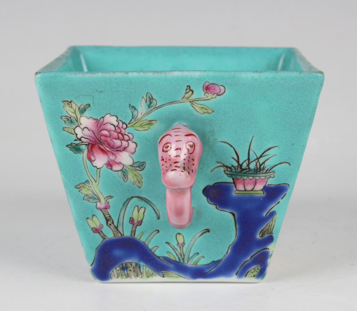 A Chinese famille rose enamelled turquoise ground porcelain two-handled pot, mark of Jiaqing but - Image 9 of 9