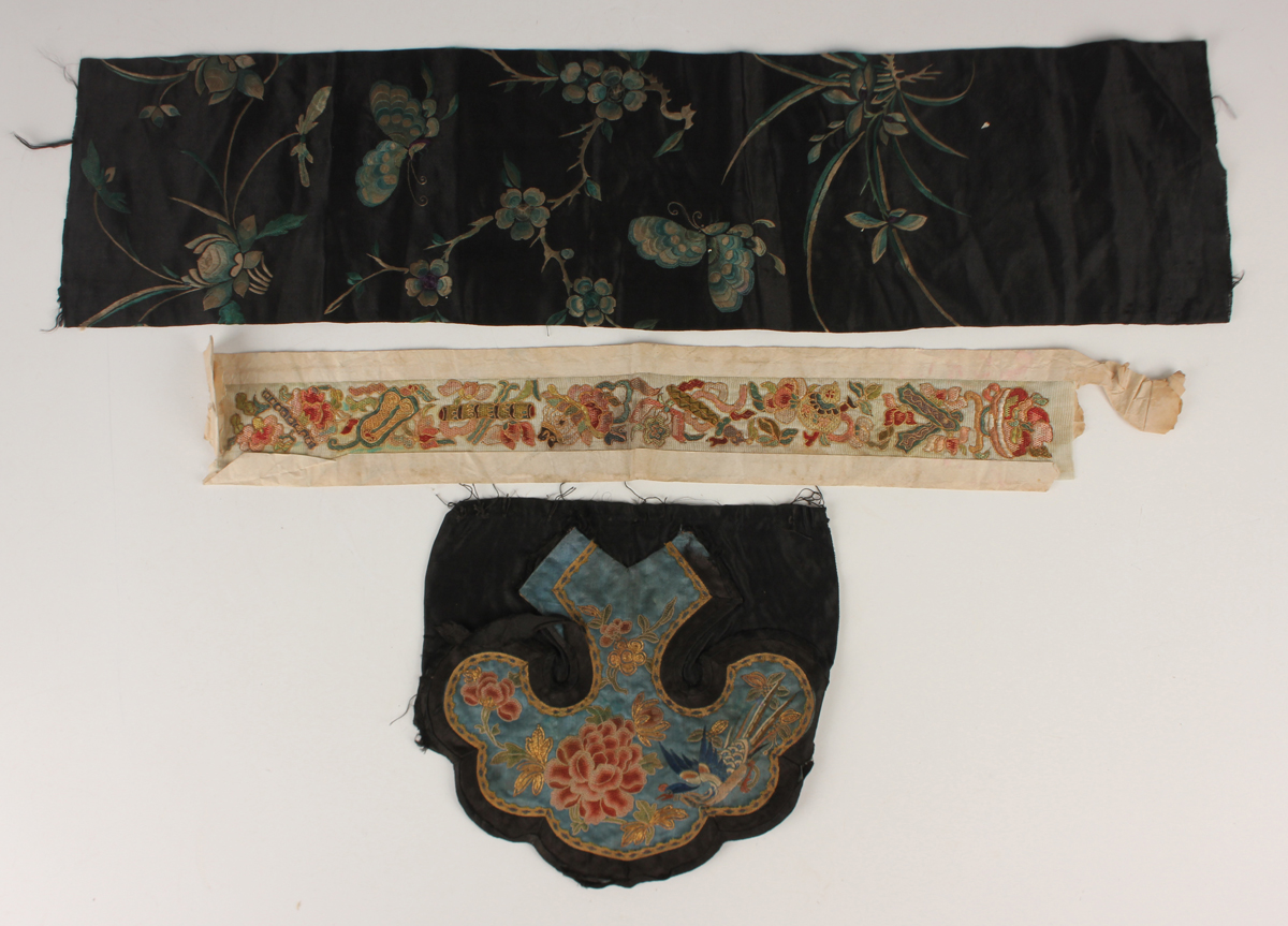 A small collection of Chinese export silkwork, late Qing dynasty, including a collar, decorated with - Image 13 of 43