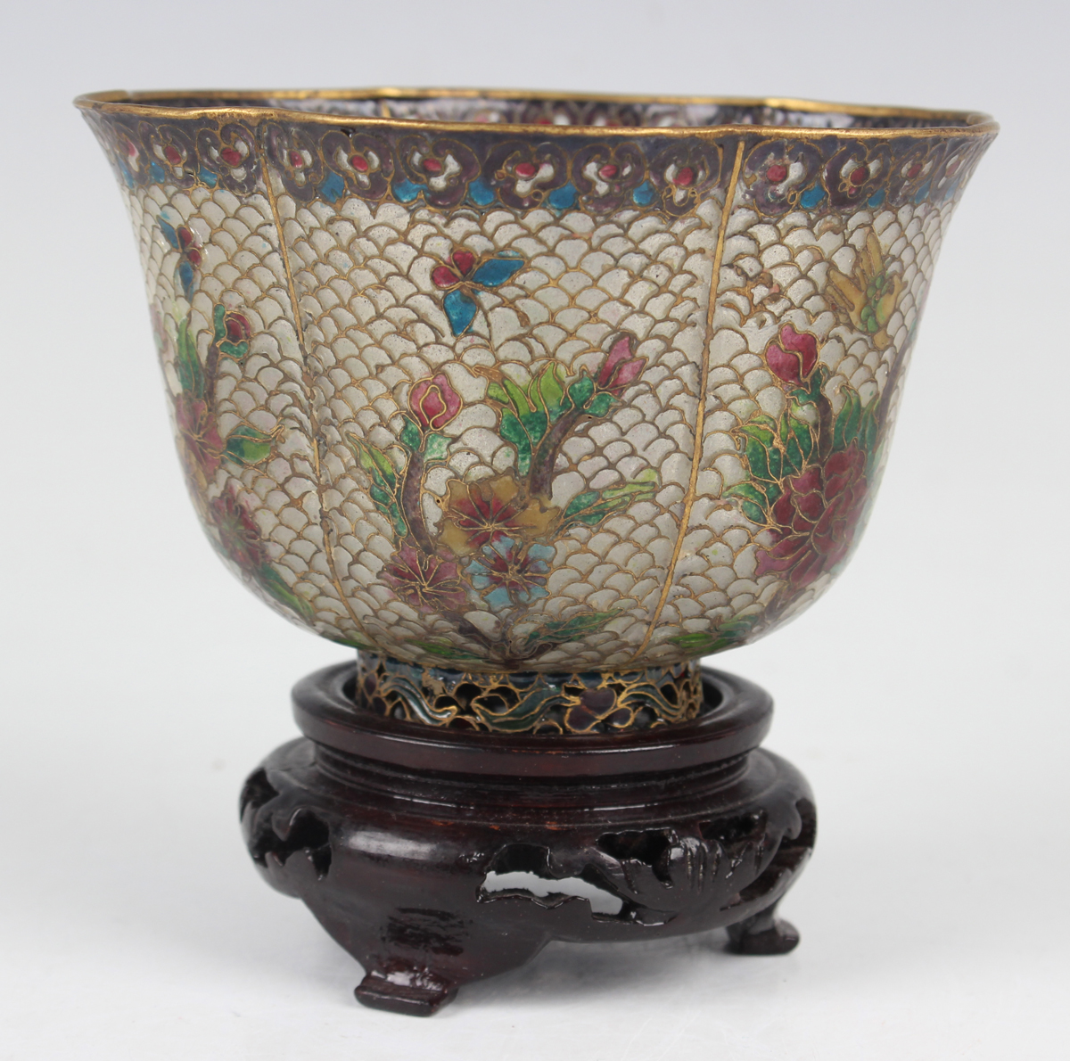 A Chinese plique-à-jour bowl, mid-20th century, of steep-sided lobed form, decorated with flowers, - Image 25 of 29