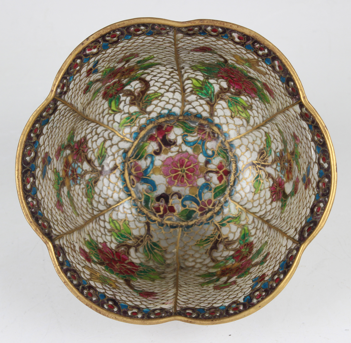 A Chinese plique-à-jour bowl, mid-20th century, of steep-sided lobed form, decorated with flowers, - Image 23 of 29