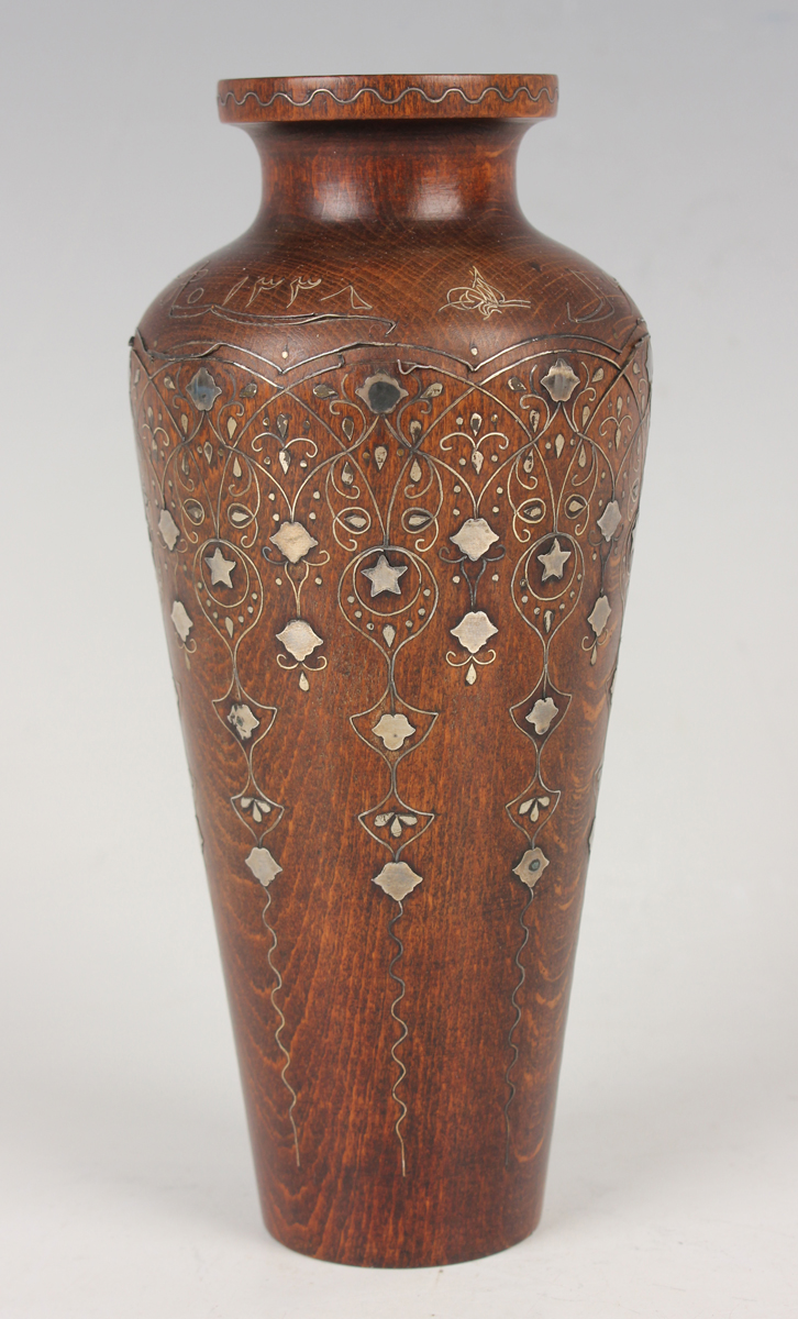 A pair of Islamic inlaid wooden vases, probably Syrian, early 20th century, each shouldered tapering - Image 25 of 28