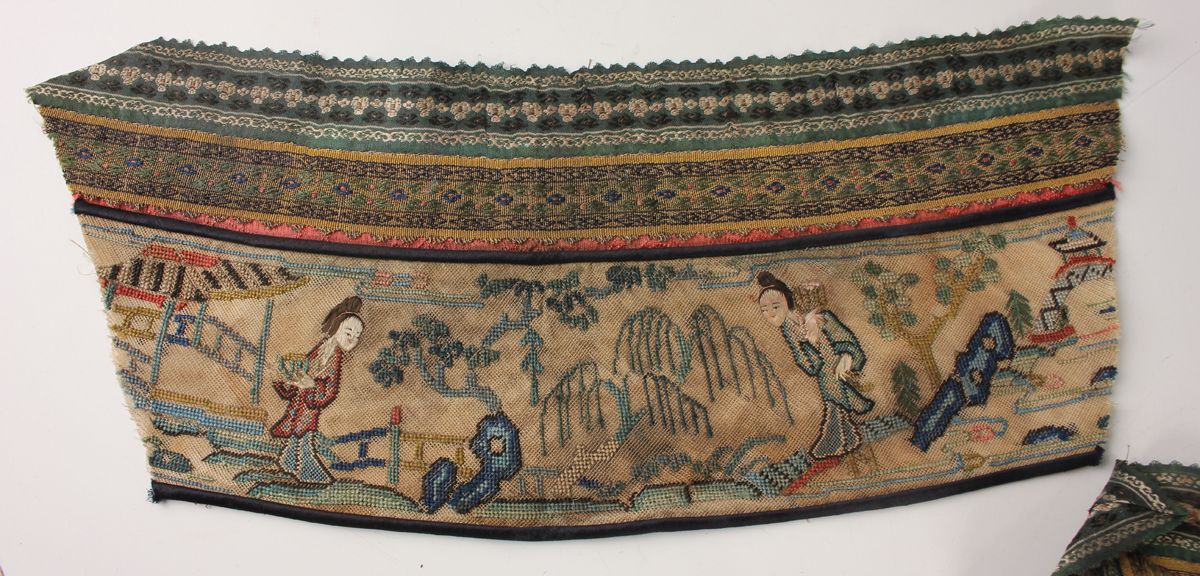 A small collection of Chinese export silkwork, late Qing dynasty, including a collar, decorated with - Image 38 of 43