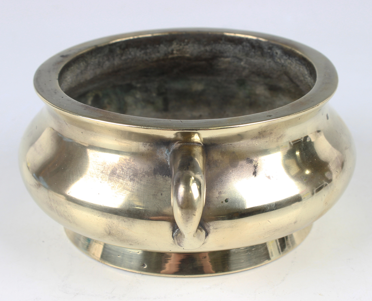 A Chinese polished bronze bombé censer, mark of Xuande but 19th century, the low-bellied circular - Image 5 of 7