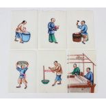 A set of six Chinese Canton export watercolour paintings on rice paper, late 19th century, each