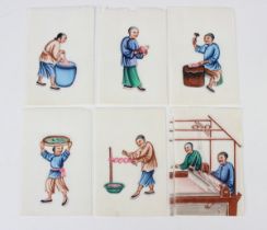A set of six Chinese Canton export watercolour paintings on rice paper, late 19th century, each