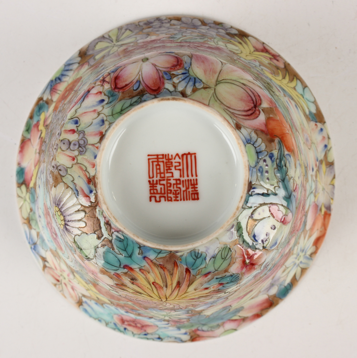 A Chinese famille rose millefleurs porcelain bowl, mark of Qianlong but Republic period, of flared - Image 33 of 37