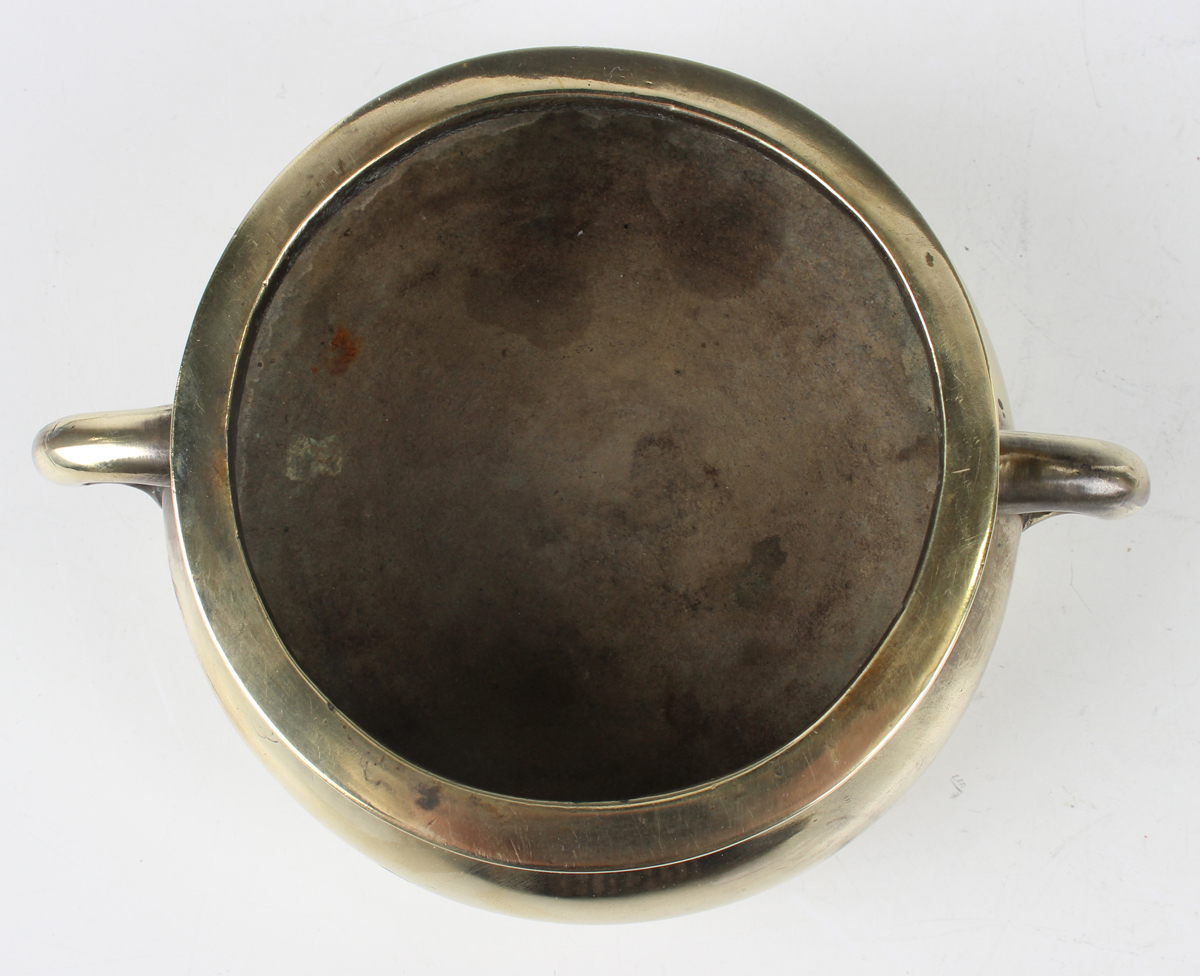 A Chinese polished bronze bombé censer, mark of Xuande but 19th century, the low-bellied circular - Image 4 of 7