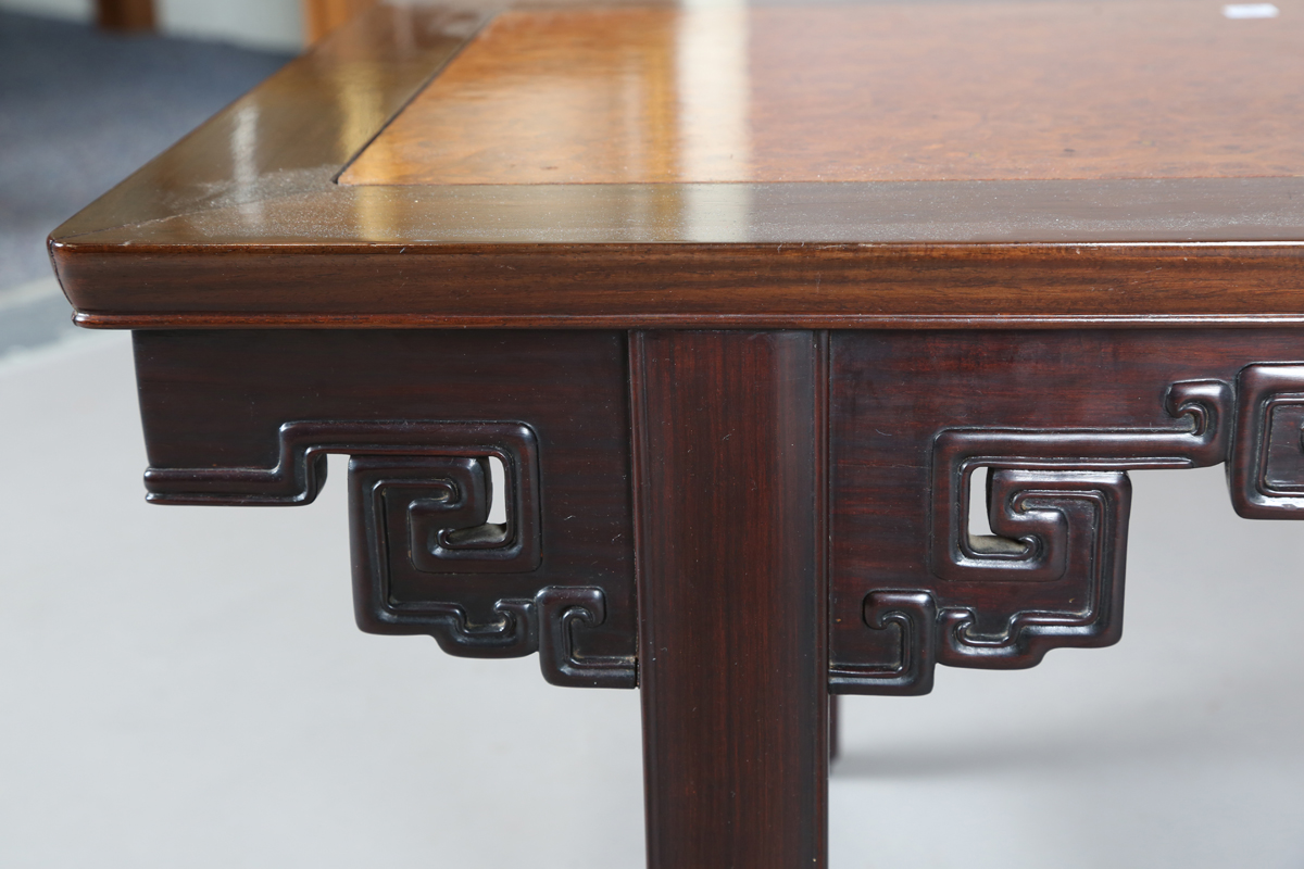 A Chinese hardwood low table, 20th century, the rectangular top inset with a burr wood panel, the - Image 13 of 20