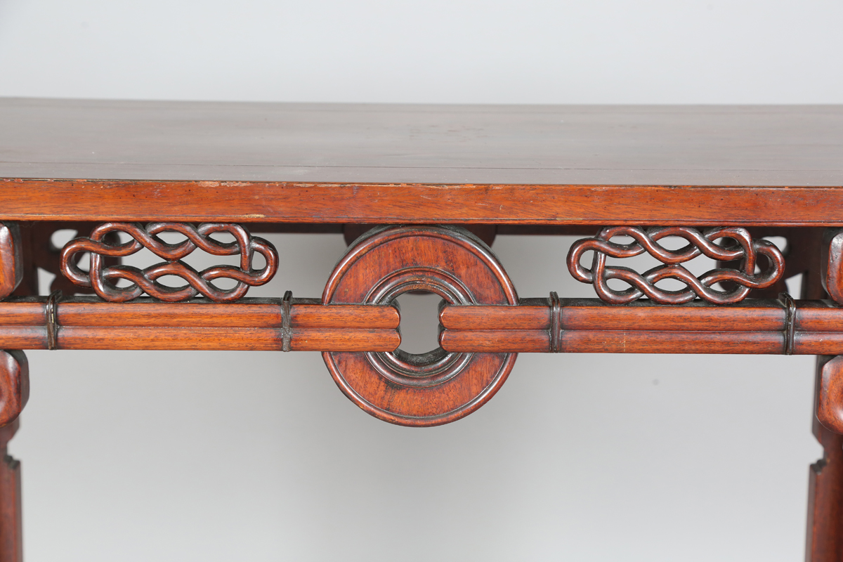 A Chinese hardwood altar table, 20th century, the rectangular panelled top with curved ends, the - Image 9 of 28