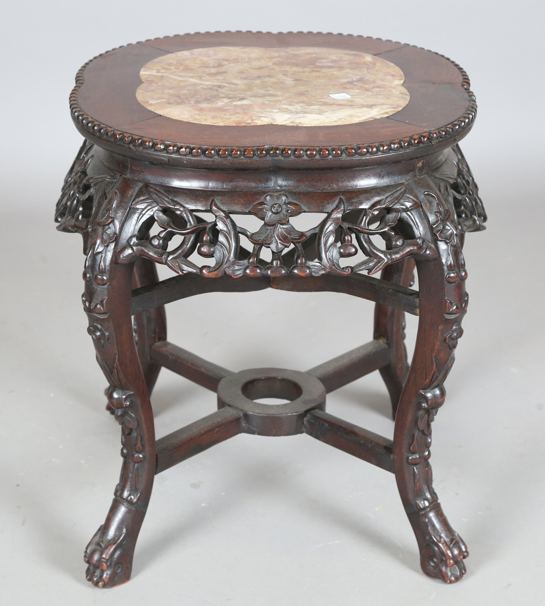 A Chinese hardwood jardinière stand, early 20th century, the lobed top with inset rouge marble panel - Image 7 of 22