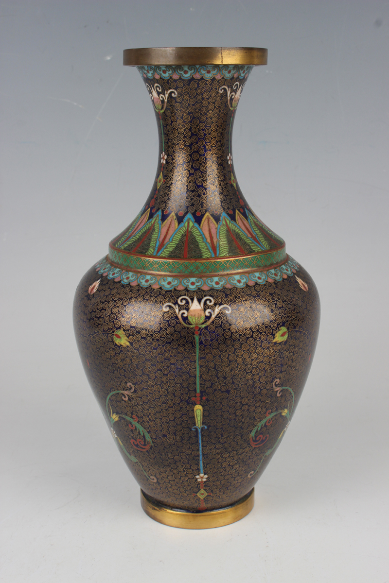 A pair of Chinese cloisonné bottle vases, early 20th century, each ovoid body and flared narrow neck - Image 5 of 12