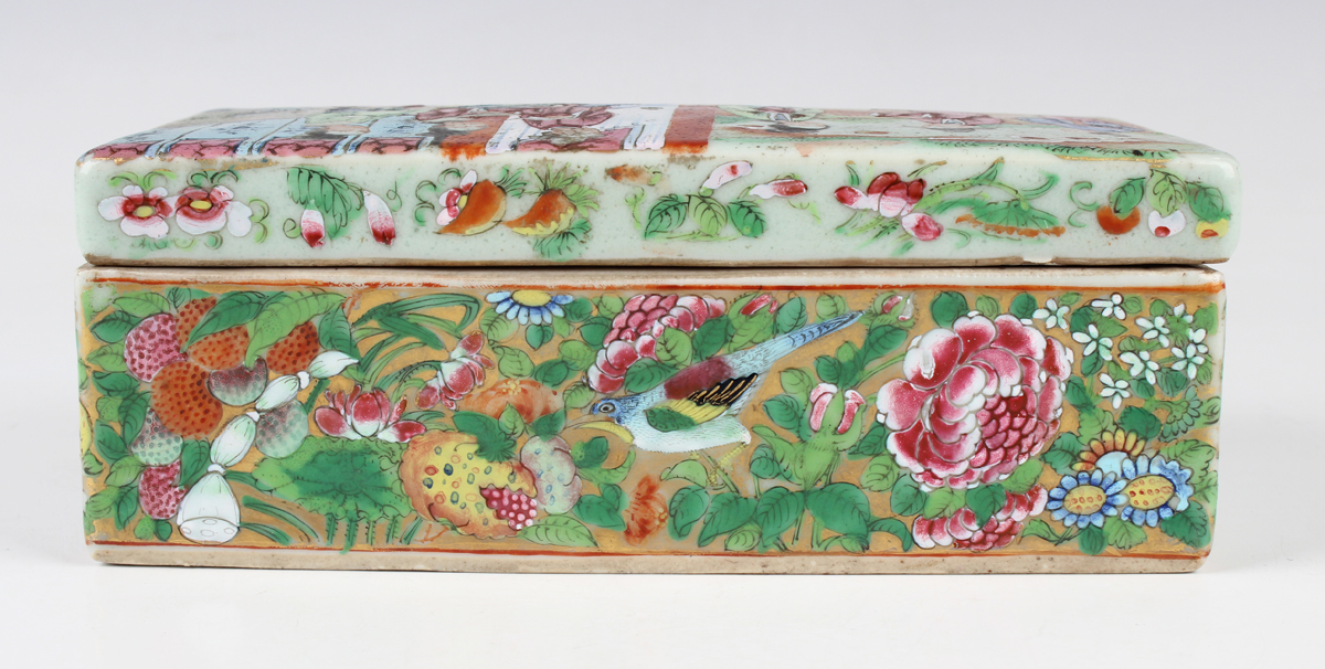 A Chinese Canton famille rose rectangular porcelain box and cover, mid-19th century, the top painted - Image 12 of 16
