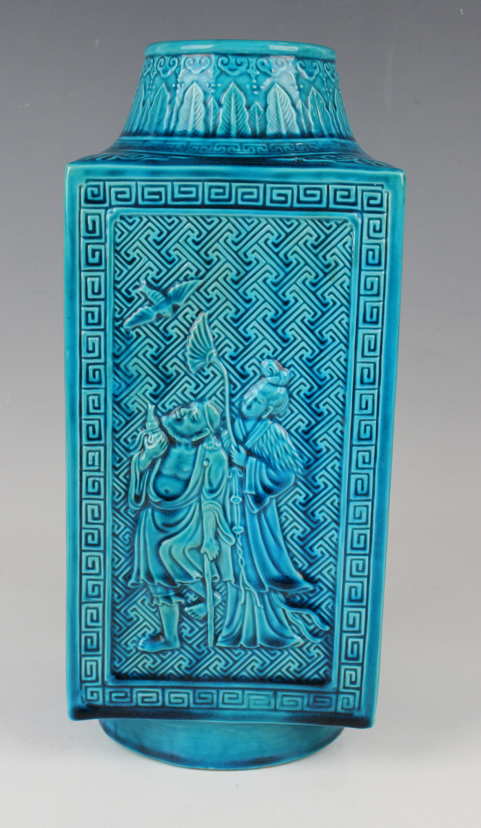 A Chinese turquoise glazed porcelain cong vase, late 19th century, each side moulded in relief - Image 8 of 10