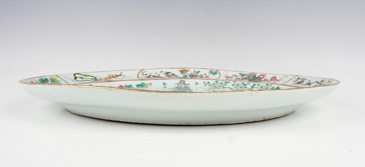 A Chinese Canton famille rose porcelain oval meat dish, mid-19th century, painted with four - Image 2 of 12