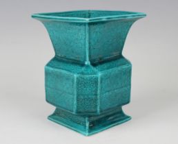 A Chinese turquoise glazed porcelain vase, mark of Wanli but possibly later, of compressed square
