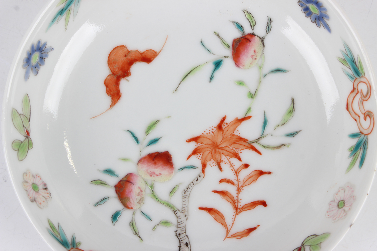 A pair of Chinese famille rose porcelain saucer dishes, 20th century, each painted with a bat and - Image 6 of 9