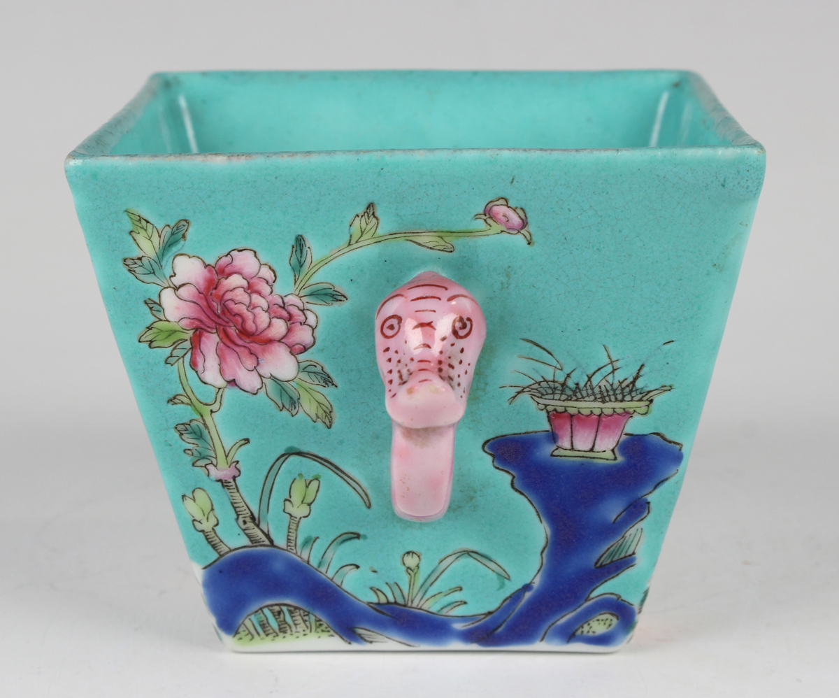A Chinese famille rose enamelled turquoise ground porcelain two-handled pot, mark of Jiaqing but - Image 7 of 9