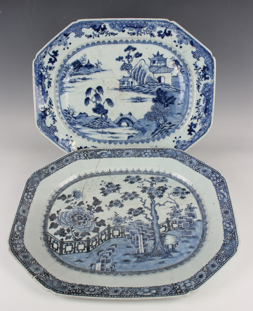 A group of six Chinese blue and white export porcelain meat dishes, Qianlong period, comprising four