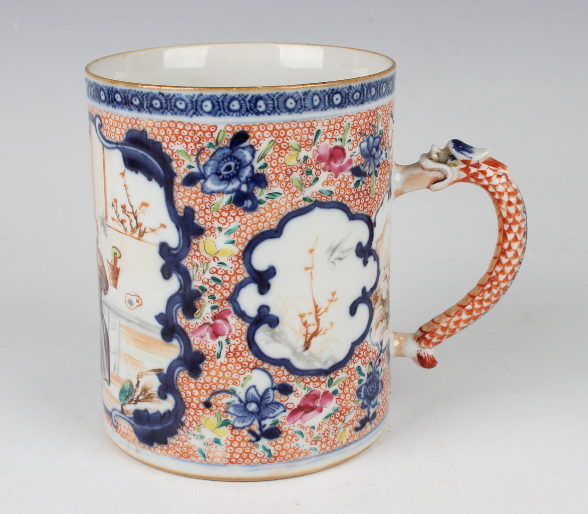 A Chinese famille rose export porcelain tankard, Qianlong period, the cylindrical body painted - Image 8 of 9