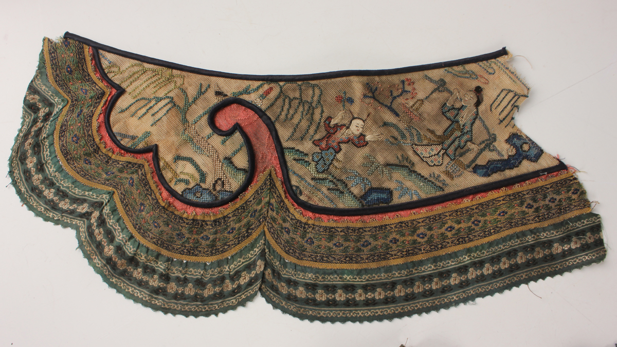 A small collection of Chinese export silkwork, late Qing dynasty, including a collar, decorated with - Image 39 of 43